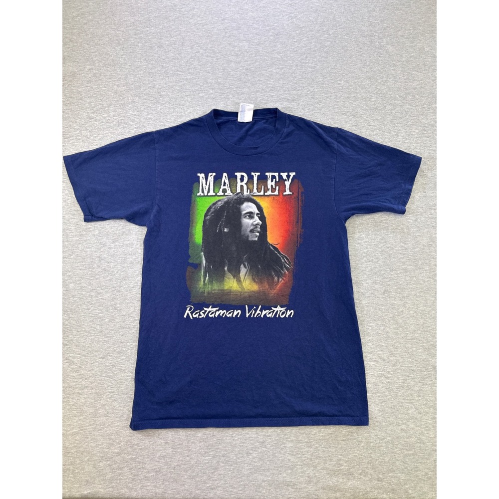 Bob Marley Rastaman Vibration Navy Blue Graphic T-Shirt Mens Small